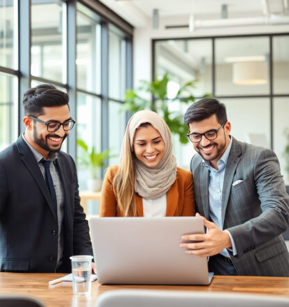cheerful-professionals-working-together-laptop-trendy-office-space-generative-ai
